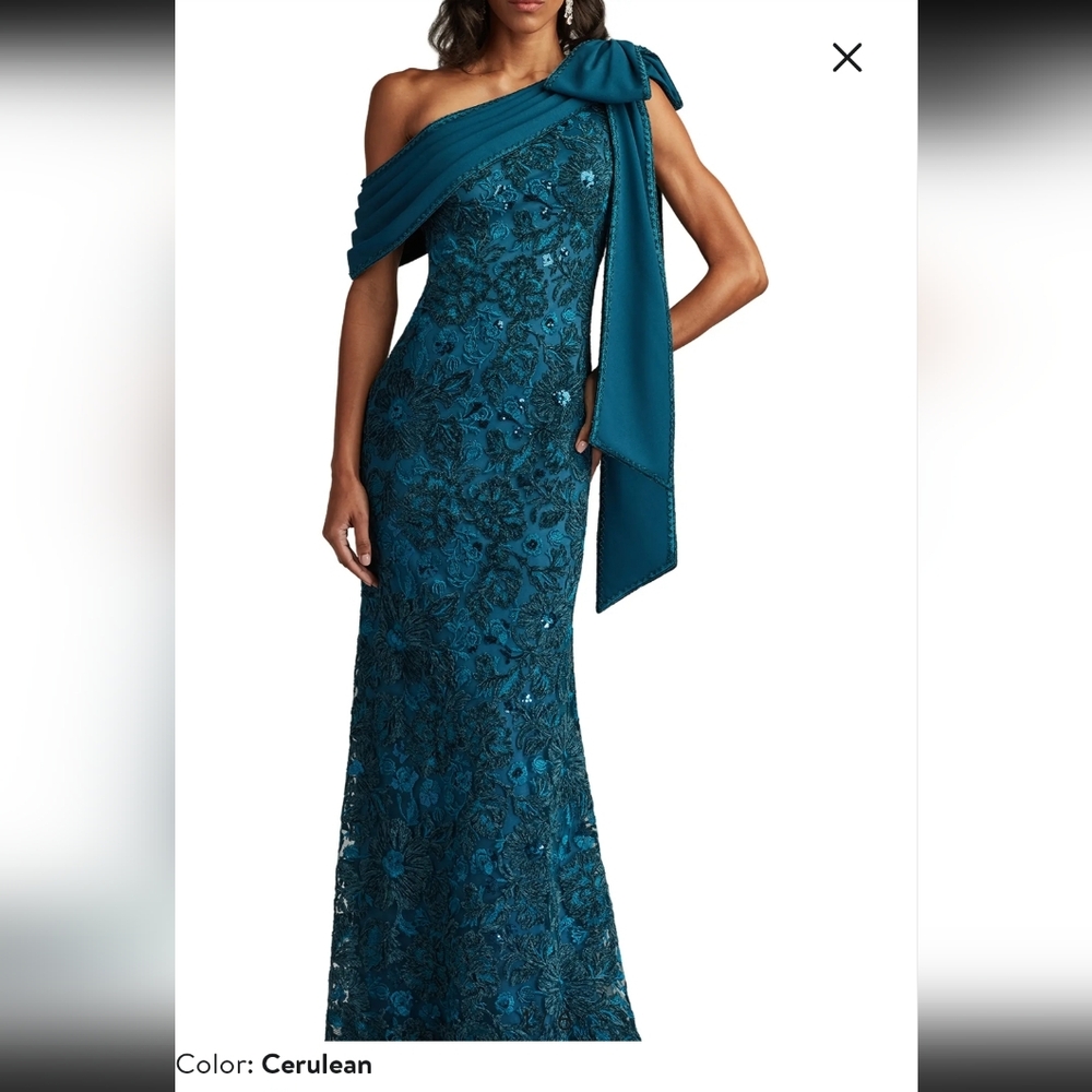 TADASHI SHOJI BEADED FLORAL ONE-SHOULDER GOWN; SIZE:10;COLOR:BLUE - Picture 13 of 13